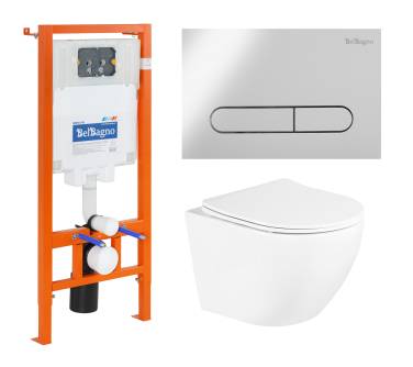 Комплект 3 в 1 Унитаз подвесной с сиденьем BelBagno UNO BB3105CHR/SC + Система инсталляции для унитазов BelBagno BB002-80 с кнопкой смыва BB005-PR-CH
