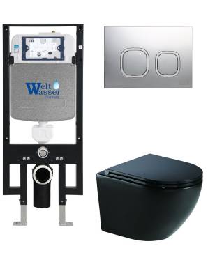 Унитаз с инсталляцией WeltWasser AMBERG 497+MERZBACH 041 XL MT-BL+AMBERG RD-CR черный матовый/кнопка хром