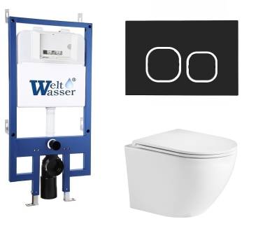 Унитаз с инсталляцией WeltWasser BAMBERG 545+MERZBACH 043 GL-WT+BAMBERG BL белый/кнопка черная, безободковый, с крышкой микролифт, слив торнадо