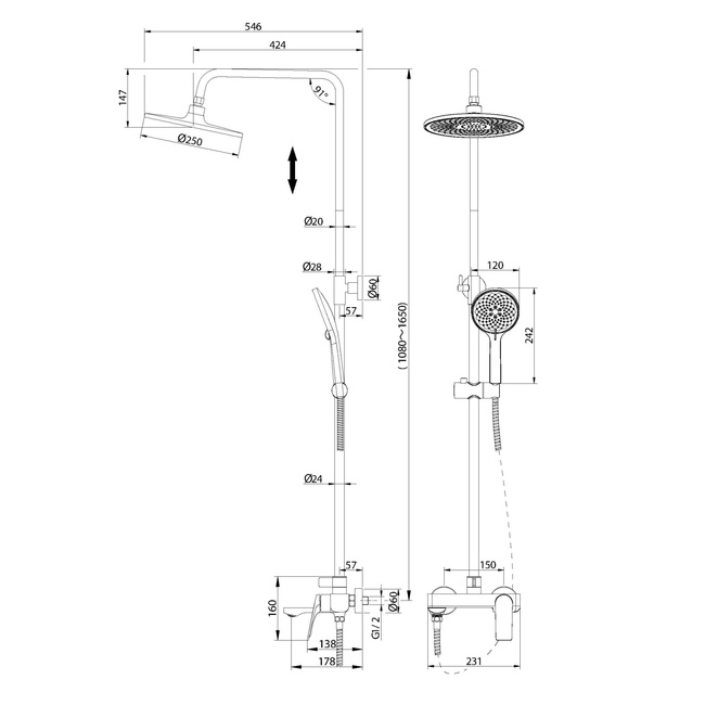 Grossman Galaxy 500.K35.01.210 с верхним душем, ручной лейкой и смесителем, черный матовый
