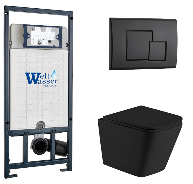 Унитаз с инсталляцией WeltWasser MARBERG 507 + GELBACH 043 MT-BL + MAR 507 SE MT-BL черный матовый/кнопка черная