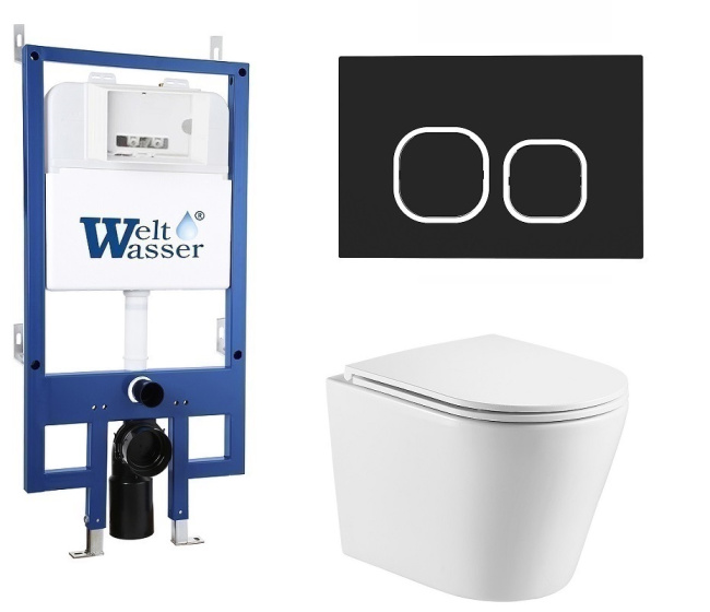 Унитаз с инсталляцией WeltWasser BAMBERG 545+SALZBACH 043 GL-WT+BAMBERG BL белый/кнопка черная, безободковый, с крышкой микролифт, слив торнадо