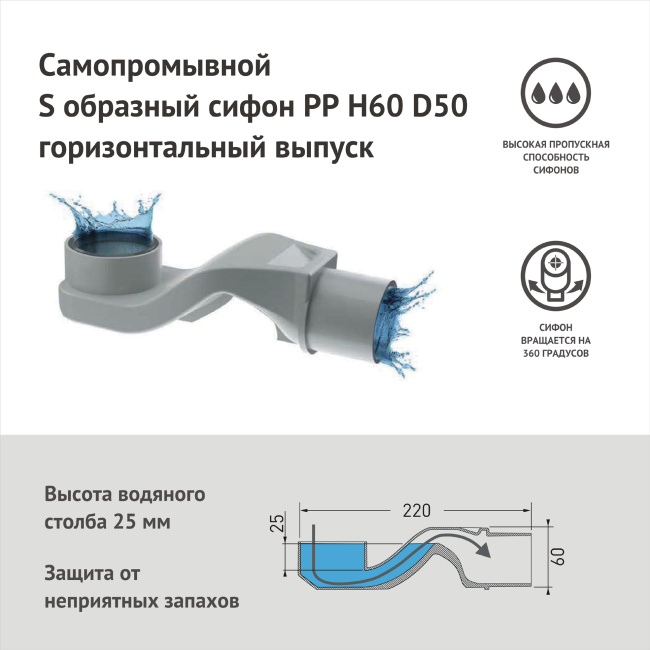 BERGES водосток C1 Norma 300, матовый хром, S-сифон D50 H60 боковой