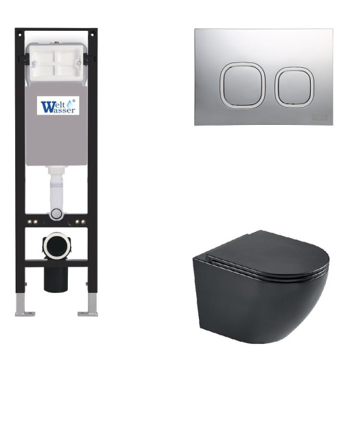Унитаз с инсталляцией WeltWasser AMBERG 350 + HEIMBACH 043 MT-BL + AMBERG RD-CR черный матовый/кнопка хром