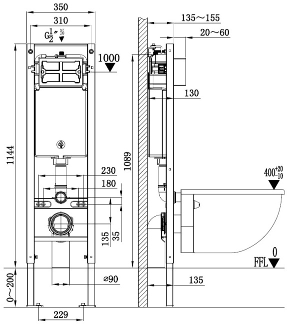 Унитаз с инсталляцией WeltWasser AMBERG 350 + HEIMBACH 043 MT-BL + AMBERG RD-CR черный матовый/кнопка хром