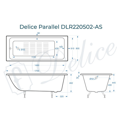 Delice Parallel 170х80 с антискользящим покрытием (в комплекте только ванна, без ножек и слива-перелива)
