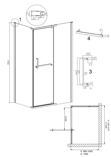 Grossman Pragma 100.K33.03.120.10.02-200.K33.03.100.10.02 (120х100х195) распашная(левая),хром,стекло шиншилла,2 места